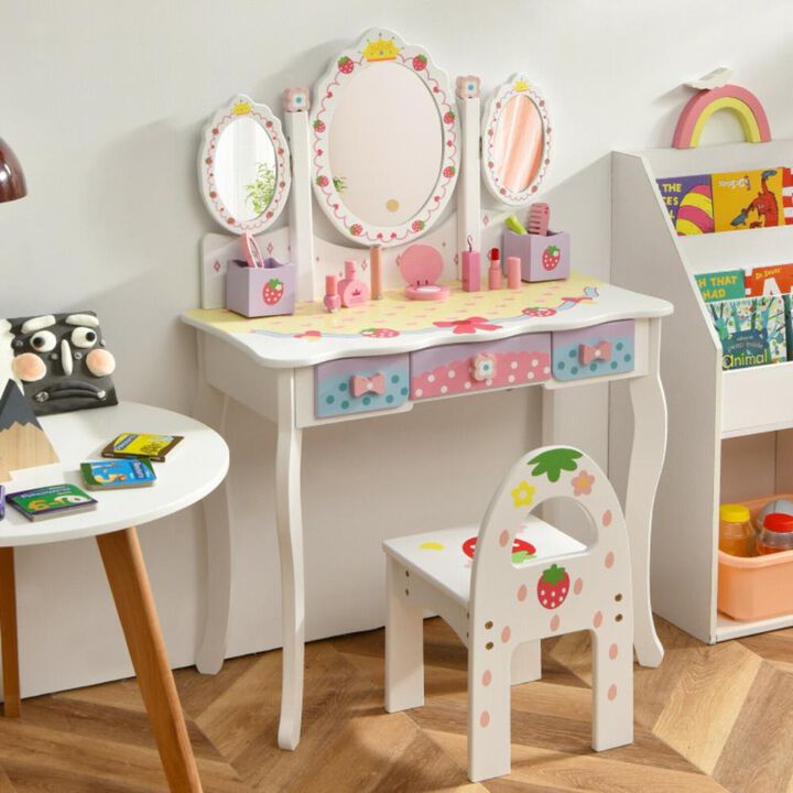 Hivvago Kids Vanity Princess Makeup Dressing Table Chair Set with Tri-fold Mirror