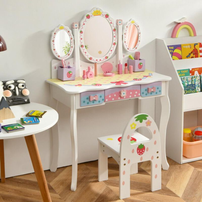 Hivvago Kids Vanity Princess Makeup Dressing Table Chair Set with Tri-fold Mirror