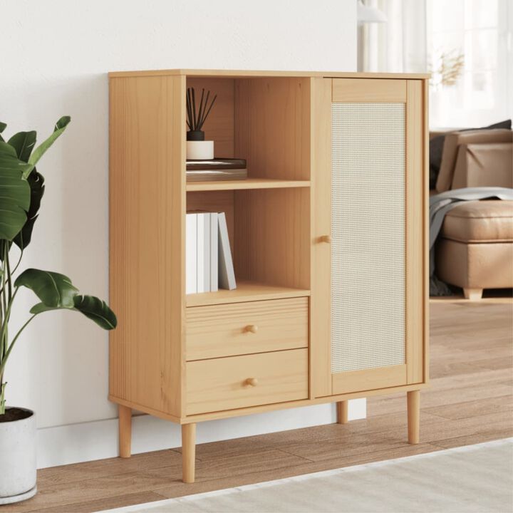 vidaXL Solid Wood Pine SENJA Highboard - Storage Cabinet with Drawers and Compartments - Brown Rattan Look - 35.4"x15.7"x44.1"
