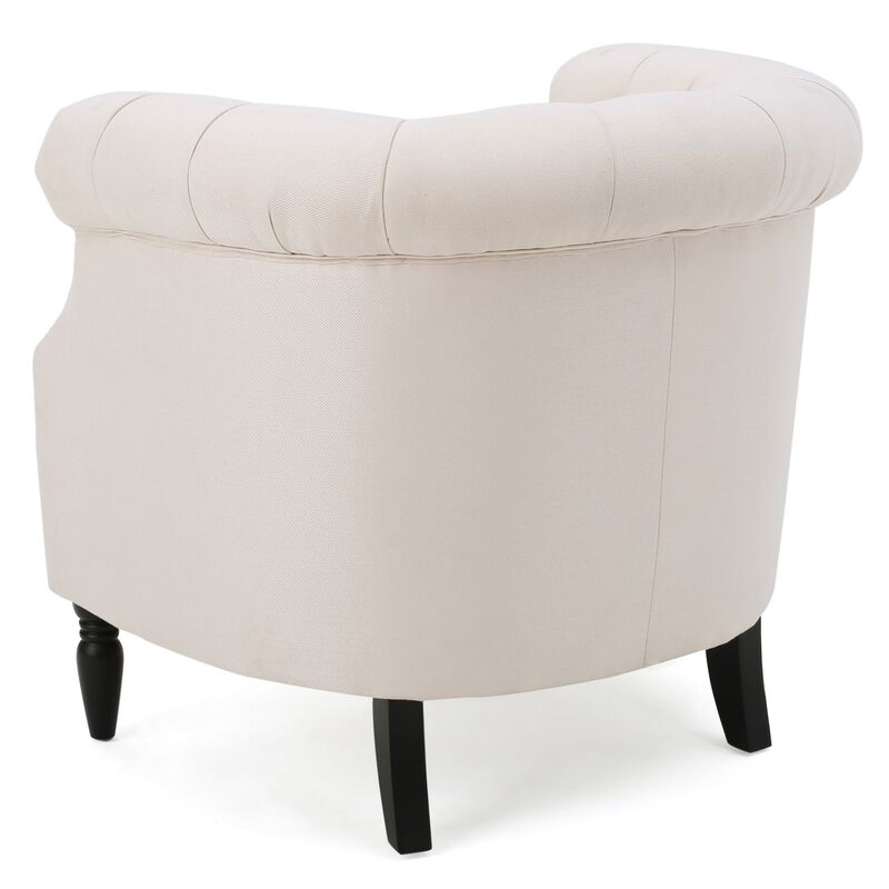 37 Inch Accent Club Chair, High Tufted Back, Studded Arms, Beige Fabric