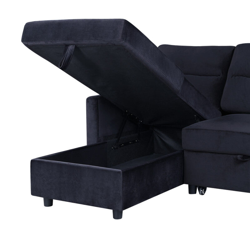 Ivy Black Velvet Reversible Sleeper Sectional Sofa With Storage Chaise And Side Pocket
