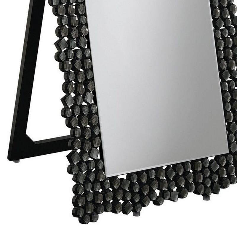 63 Inch Classic Portrait Floor Mirror, Rhinestone Inlay, Cheval, Black-Benzara