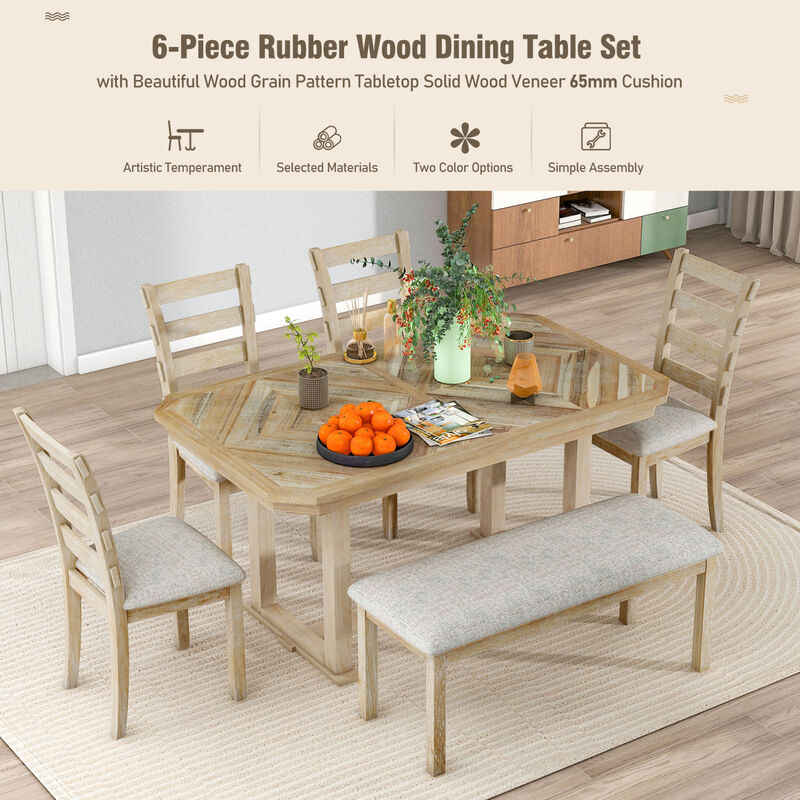 6-Piece Rubber Wood Dining Table Set with Beautiful Wood Grain Pattern Table Top Solid Wood Veneer and Soft Cushion