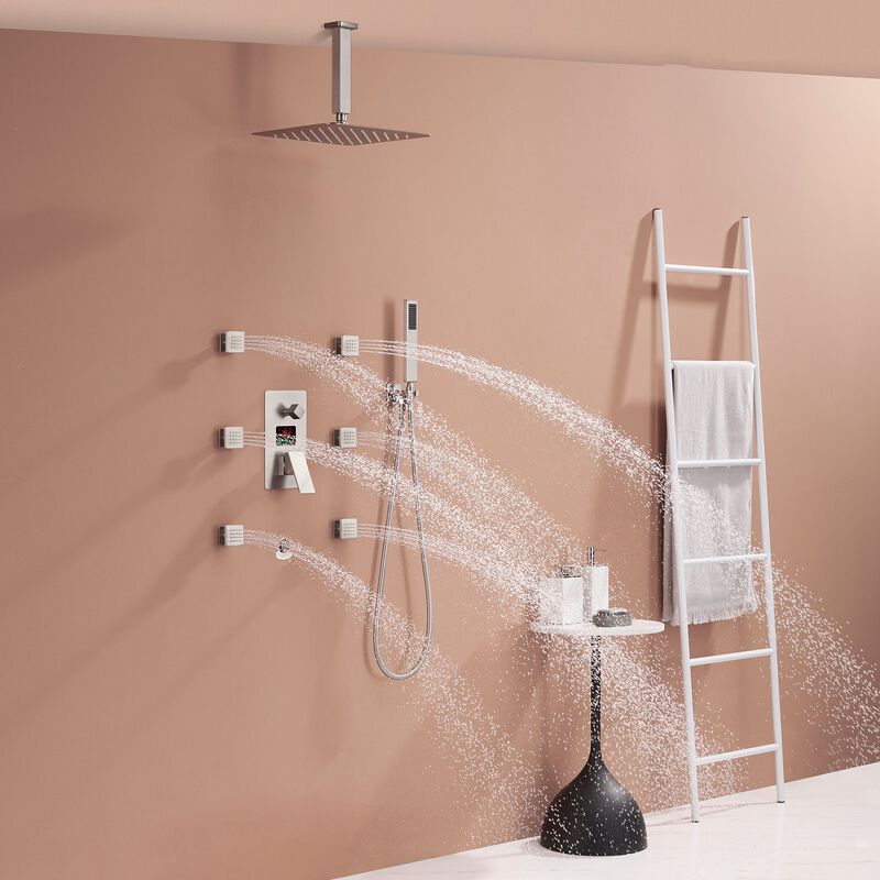 Mondawe Temperature Digital Display 3 Functions Ceiling Mounted Thermostatic Shower System with 6 Body Jets and Rough-in Valve in Brushed Nickel