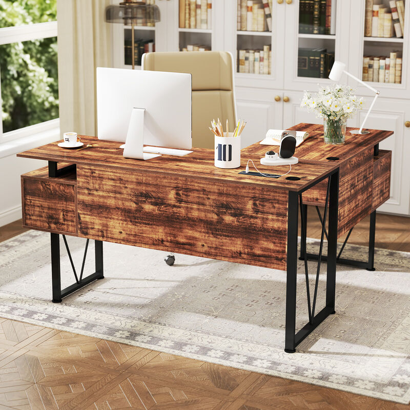 L-Shaped Computer Desk with Power Outlets and 3 Spacious Storage Drawers