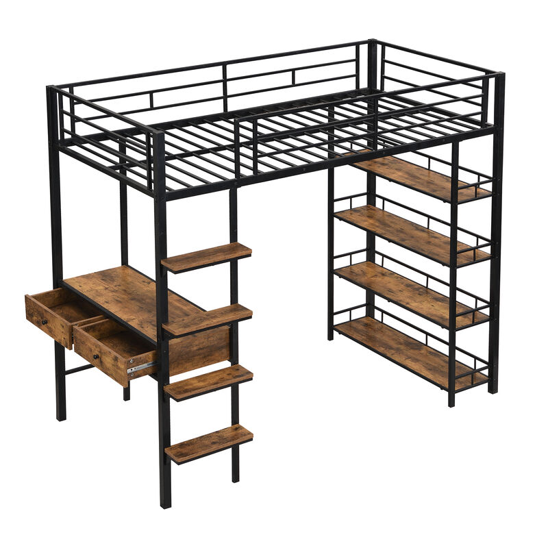Merax Metal Loft Bed with Desk and Shelves