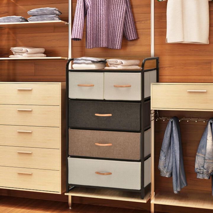 Hivvago 4-Tier Organizer Tower Steel Frame Wooden Top Storage with 5-Drawer Dresser