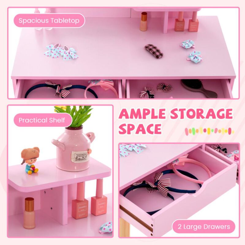 Hivvago Kid Vanity Table Chair Set with Mirror and 2 Large Storage Drawers-Pink