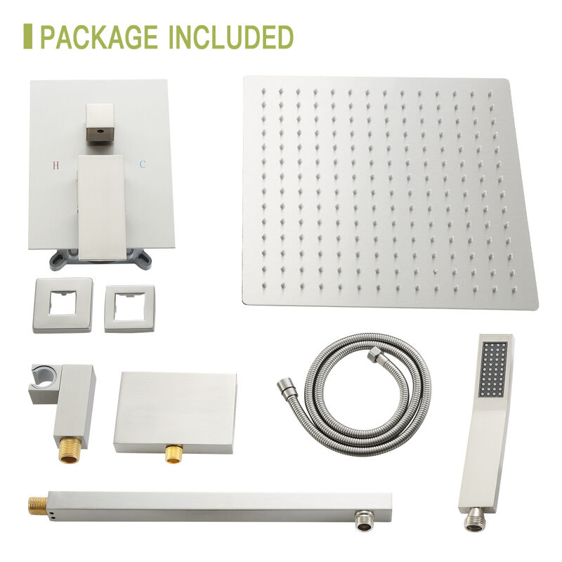 12" Rain Shower Head Systems With Waterfall Tub Spout, Brushed Nickel, Wall Mounted Shower 0000