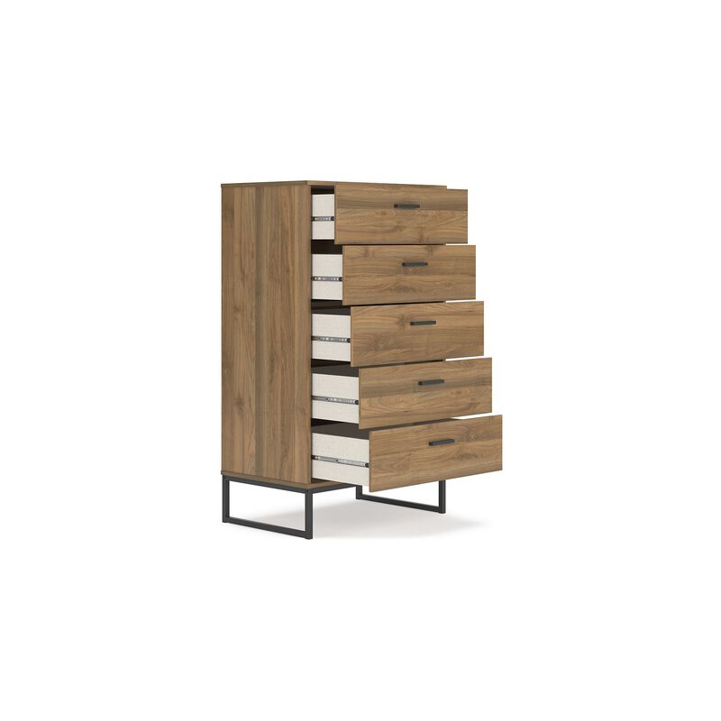 Deana Tall Dresser Chest, 5 Drawers, Brown Wood, Black Metal, 51 Inch - Benzara