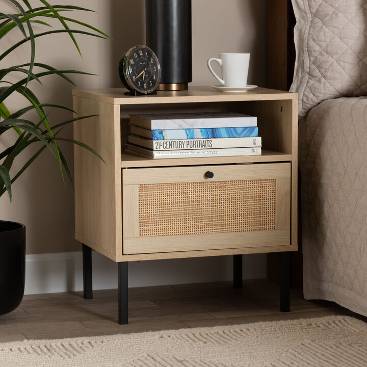 Baxton Studio Caterina Natural Brown Finished Wood and Natural Rattan 1 Door End Table