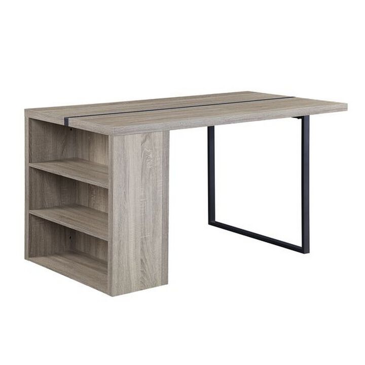 Dining Table with 3 Side Open Compartments and Metal Trim Inlay, Oak Gray-Benzara