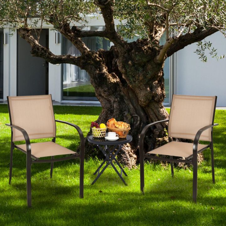 Hivvago Set of 2 Patio Stackable Dining Chairs with Armrests Garden Deck-Brown