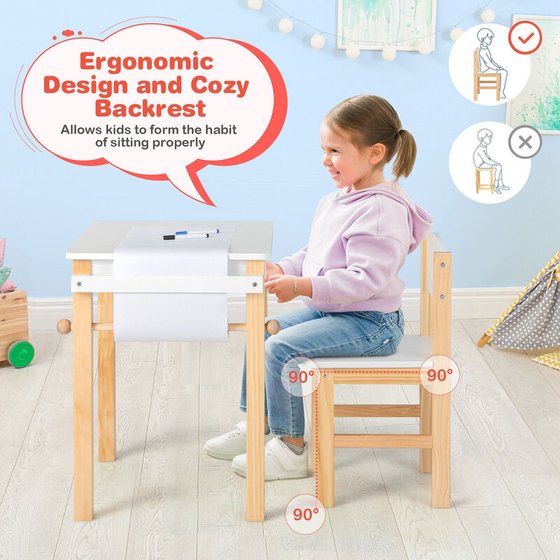 Kids Art Table and Chair Set with Drawer Paper Roll and 2 Markers