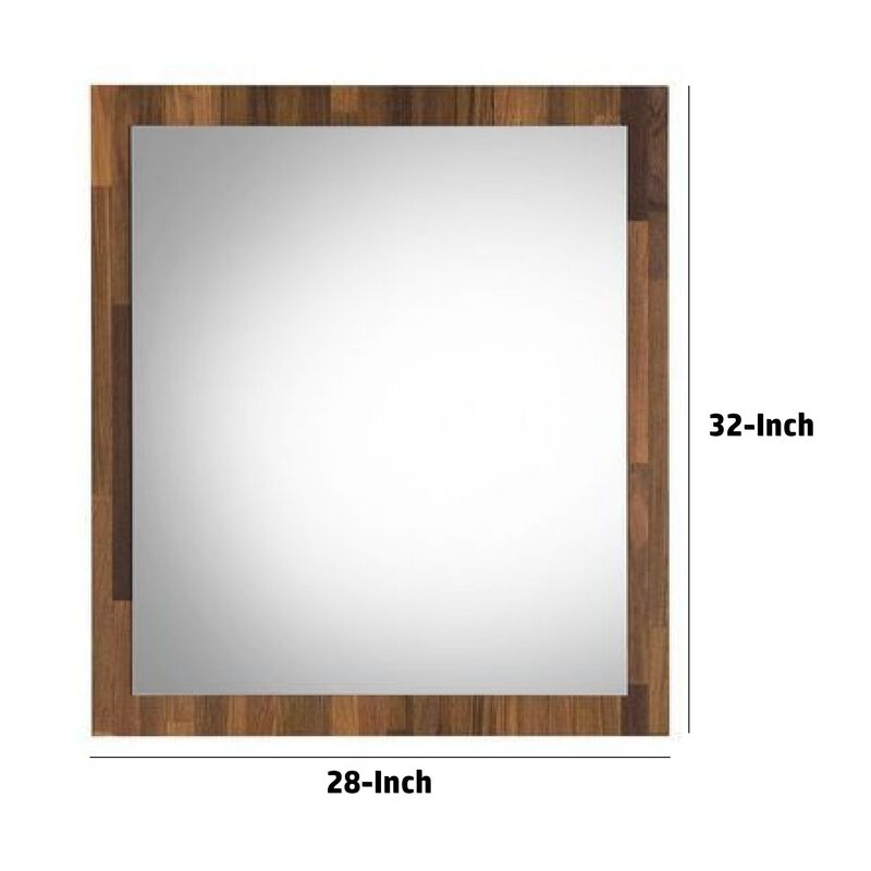 32 Inch Wall Mirror, Rectangular Portrait Plank Wood Frame, Walnut Brown-Benzara