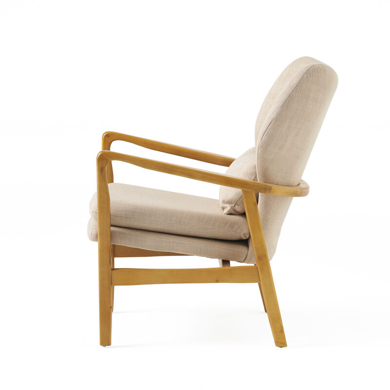 Keya Accent Chair, 1 Pillow, Beige, Button Tufted Back, Light Brown Wood - Benzara