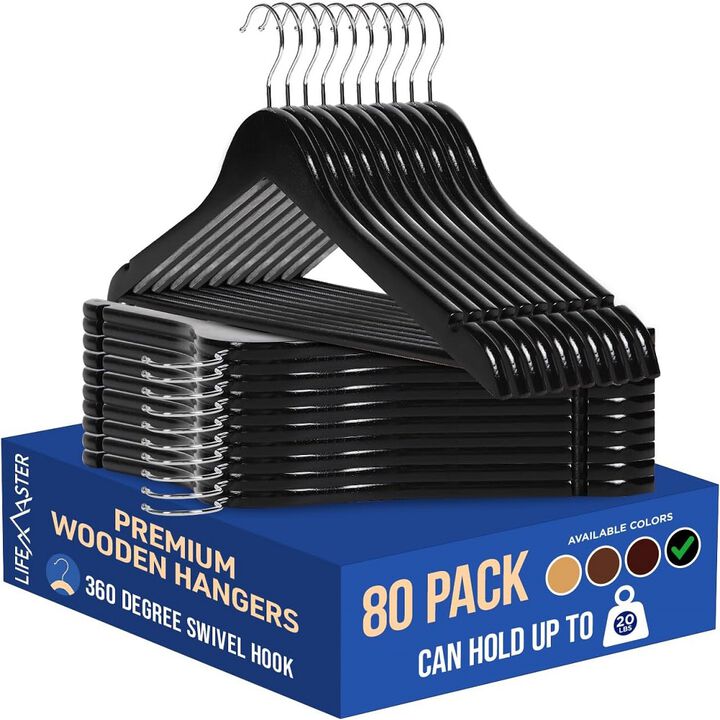 Wooden Hanger Set - 80 Pieces Non-Slip Versatile Closet Space-Saving Hanger Set for Suit, Coat, Camisole, Jacket, Pants, and Dresses with 360° Swivel Hook - Black