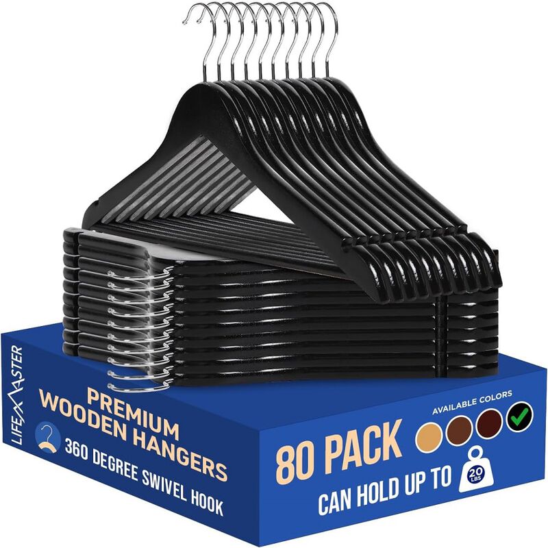 Wooden Hanger Set - 80 Pieces Non-Slip Versatile Closet Space-Saving Hanger Set for Suit, Coat, Camisole, Jacket, Pants, and Dresses with 360° Swivel Hook - Black