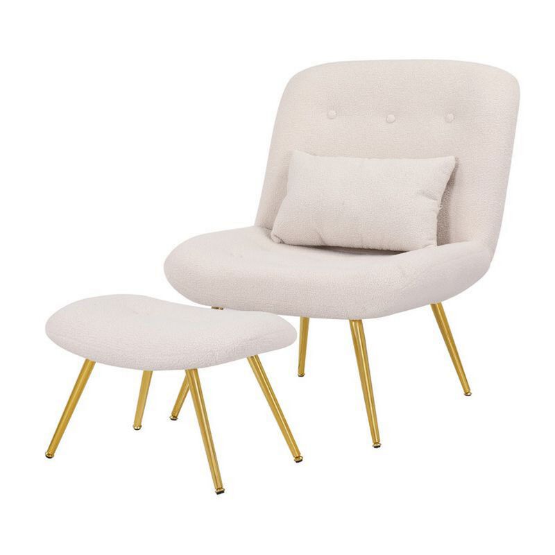 Lea 2pc Accent Lounge Chair and Ottoman Set, Tan Teddy Upholstery, Gold - Benzara