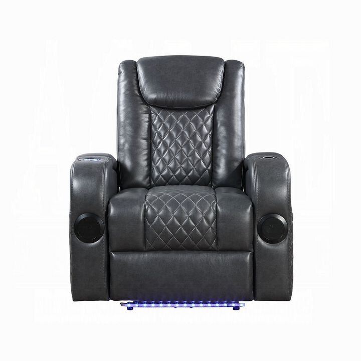 Liza Power Motion Recliner Chair, Bluetooth USB, Gray Faux Leather - Benzara