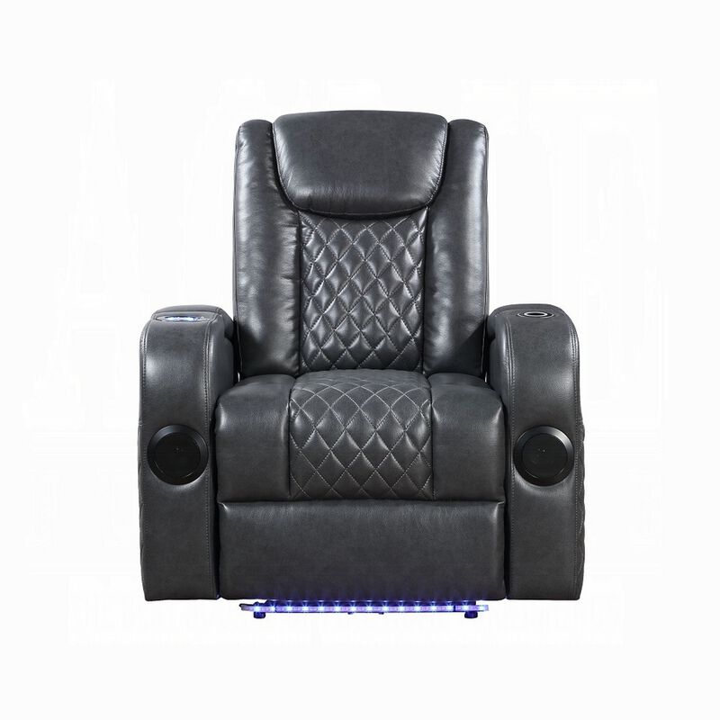 Liza Power Motion Recliner Chair, Bluetooth USB, Gray Faux Leather - Benzara