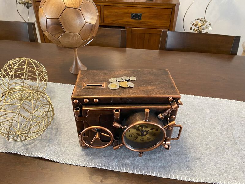 Gold Table clock with Piggy Bank