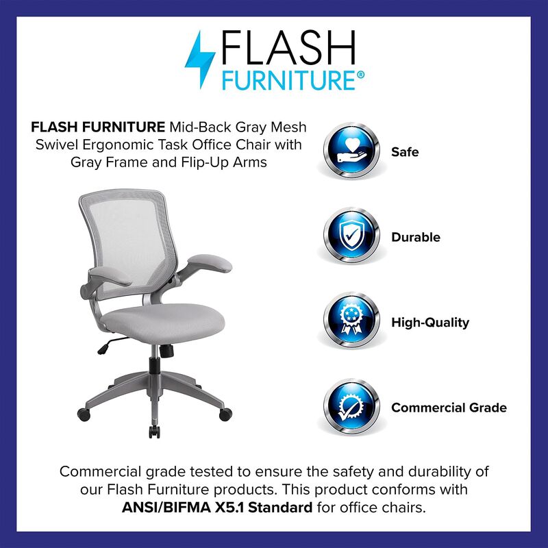 Flash Furniture Kale Mid-Back Gray Mesh Swivel Ergonomic Task Office Chair with Gray Frame and Flip-Up Arms