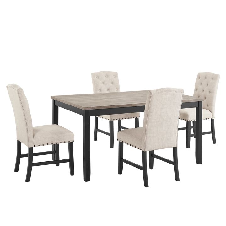 Phy 5pc Dining Table and Chairs Set, Nailheads, Tufted Beige, Brown, Black - Benzara