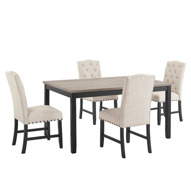 Phy 5pc Dining Table and Chairs Set, Nailheads, Tufted Beige, Brown, Black - Benzara