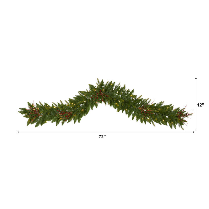 Hivvago 6' Christmas Pine Artificial Garland with 50 Warm White LED Lights and Berries
