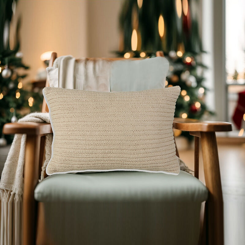 Lumbar Throw Pillow Set of 4, 14 x 22, Polyfill Textured Light Brown Cotton -
