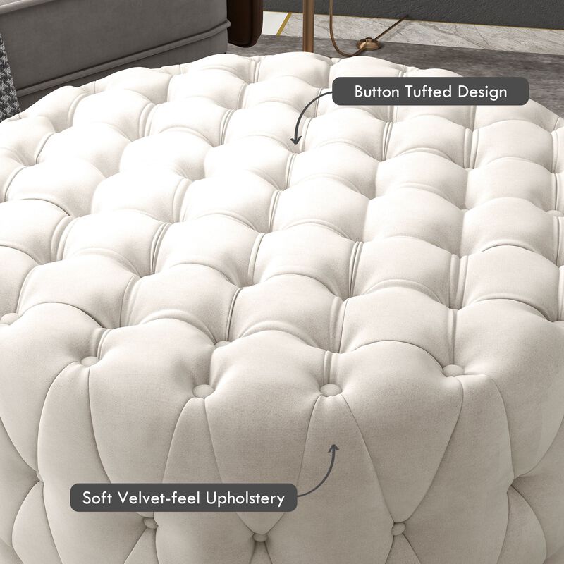 Beige Velvet-Feel Round Ottoman: Button Tufted, Padded Seat