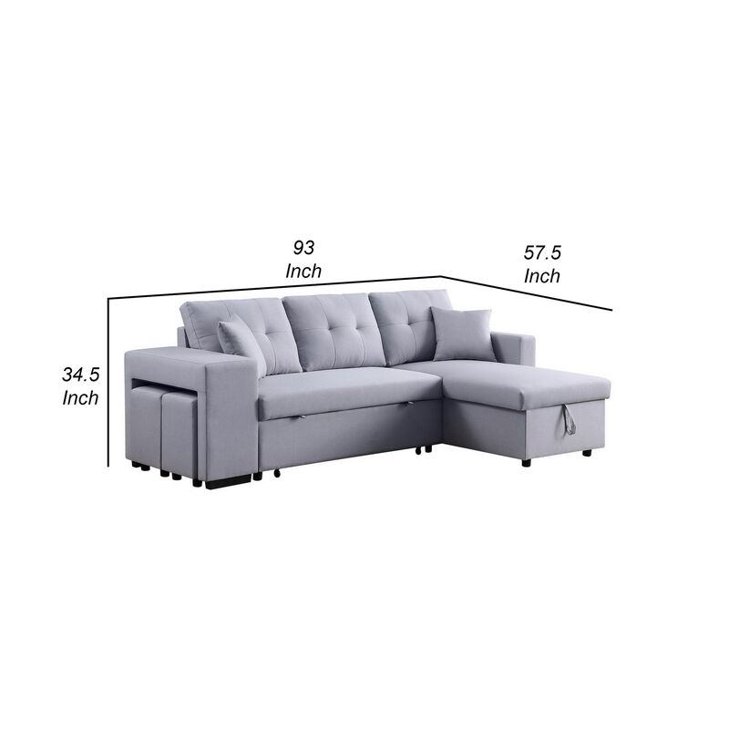 Everett 93 Inch Sleeper Sectional Sofa, Storage Chaise, Stools, Light Gray-Benzara