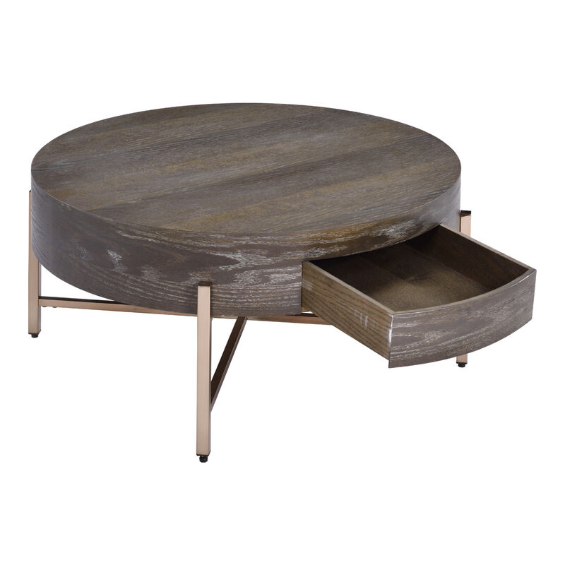 1 Drawer Round Modern Coffee Table with Crossed Metal Legs, Brown and Gold-Benzara