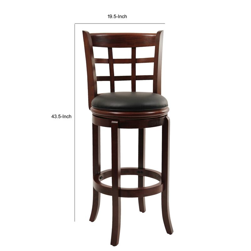 Sabi 29 inch Swivel Counter Stool, Solid Wood, Faux Leather, Brown, Black-Benzara
