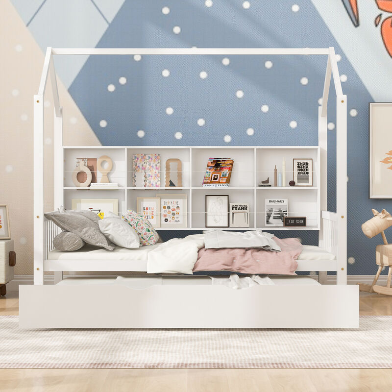 Wooden Twin Size House Bed With Trundle, Kids Bed With Shelf, White