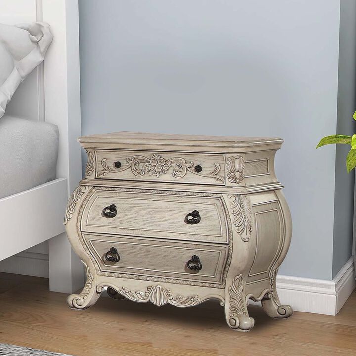 Three Drawer Wooden Nightstand With Scrolled Feet, Antique White-Benzara