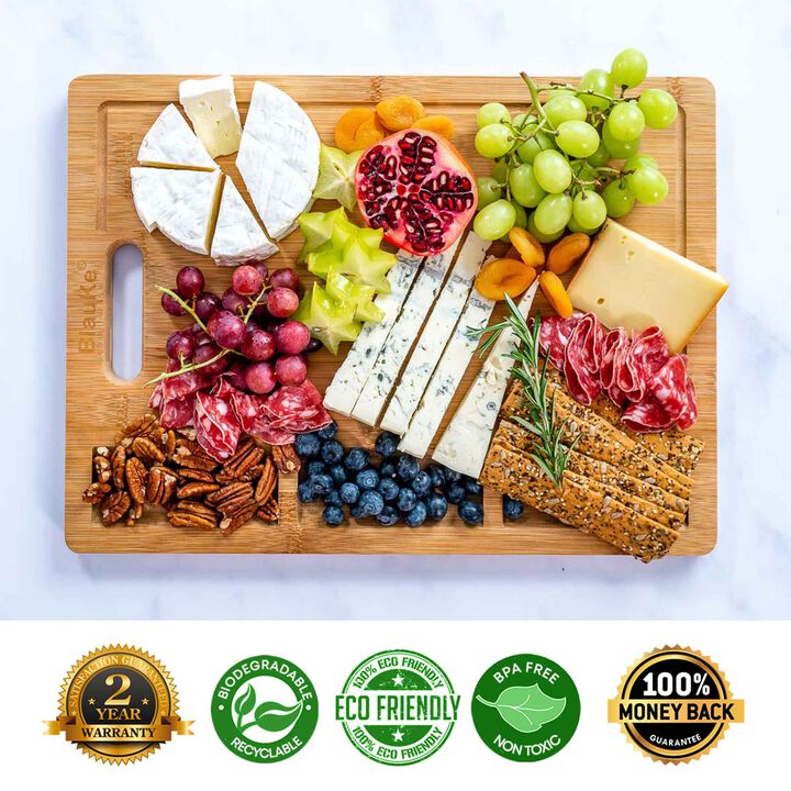 Extra Large Bamboo Cutting Board - 17x 12.5 inch Wood Cutting Board for Meat, Cheese, Veggies - Wood Serving Tray with Juice Groove and 3 Compartments