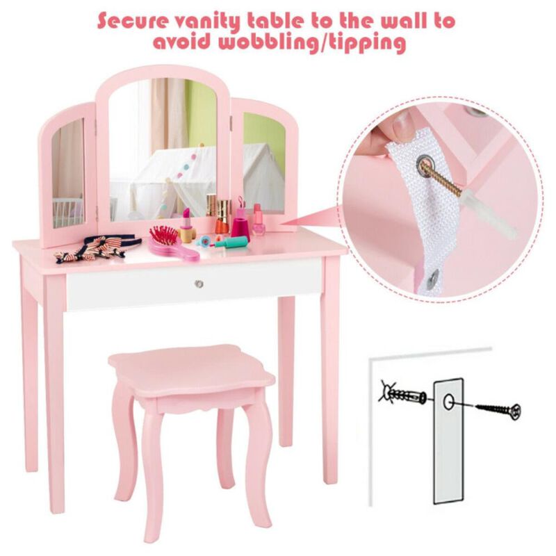 Hivvago Kids Princess Make Up Dressing Table with Tri-folding Mirror and Chair-Pink