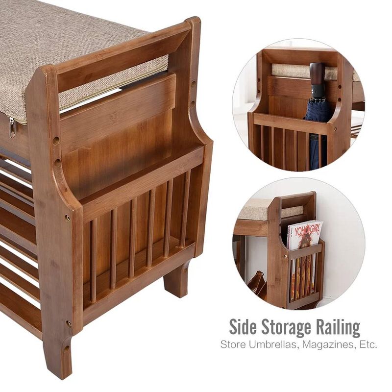 Hivvago Solid Wood Entryway Shoe Rack Storage Bench with Cushioned Seat 2 Shelves and Drawer