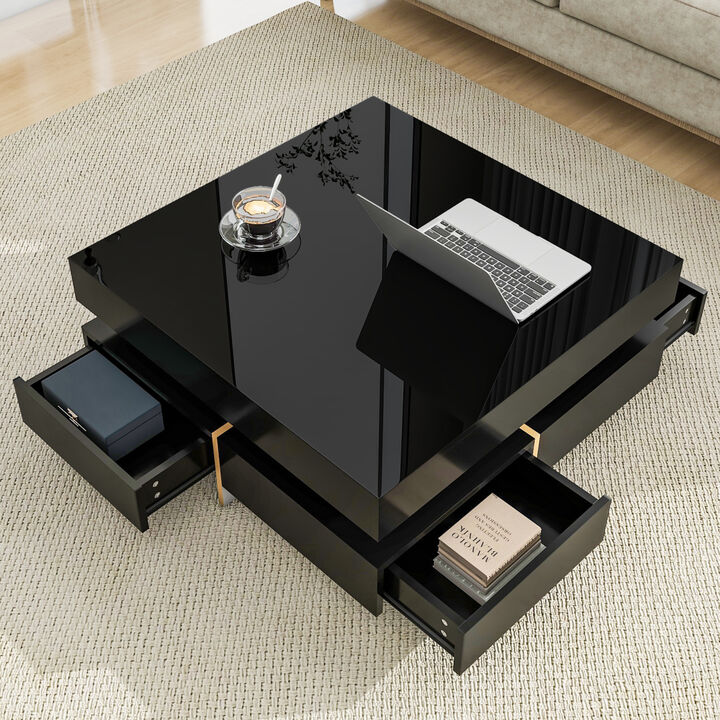 High Gloss Coffee Table with 4 Drawers, Multi Storage, Wood Grain Legs