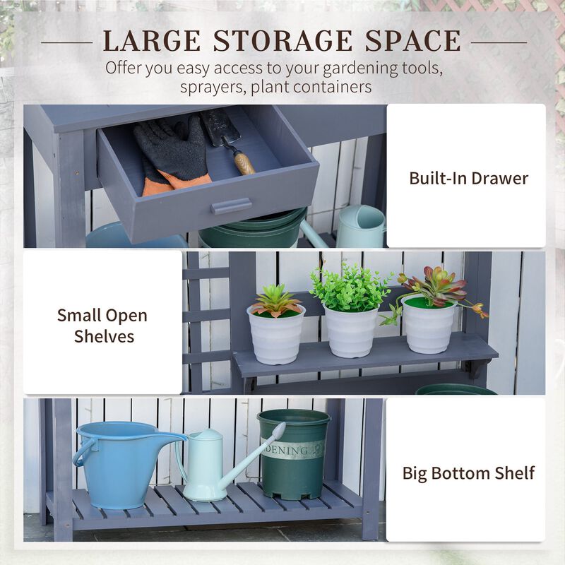Wooden Garden Station: Potting Bench with Shelves & Drawer
