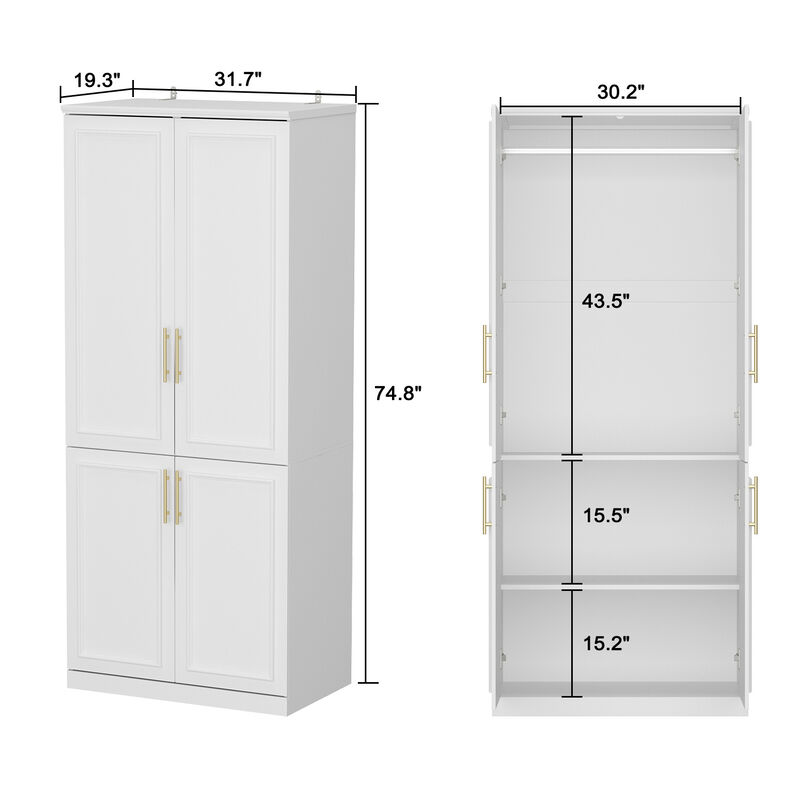 FUFU&GAGA  Armoire with Shelves and Hanging Rods for Bedroom Storage (31.7" W x 19.3" D x 74.8" H)White