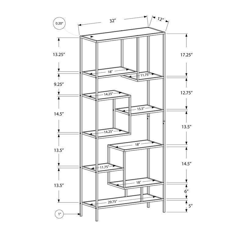 Monarch Specialties I 7158 Bookshelf, Bookcase, Etagere, 72"H, Office, Bedroom, Metal, Tempered Glass, Grey, Clear, Contemporary, Modern