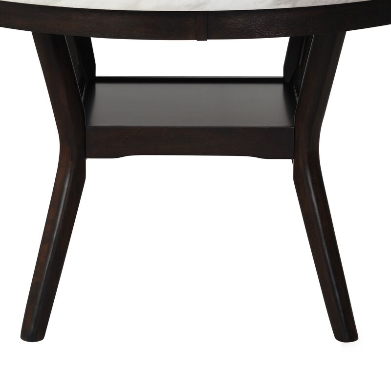 Kate 47 Inch Round Dining Table with Faux Marble Top, White and Brown - Benzara