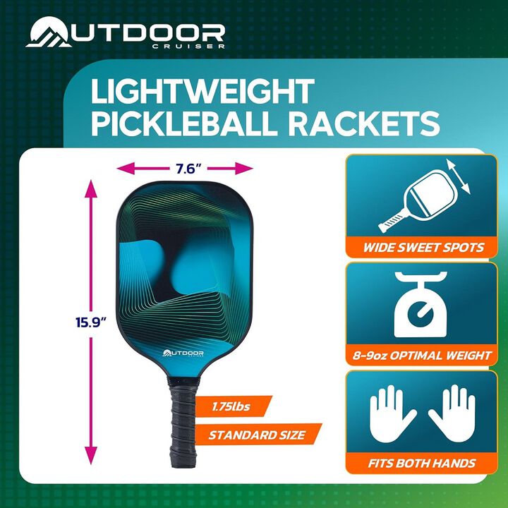 Outdoor Cruiser Pickleball Paddle Set – USAPA Approved, Premium Fiberglass Paddles with Lightweight Shock-Absorbing Grip, Includes 2 Rackets, 4 Balls, Grip Tapes, and Sling Carry Bag
