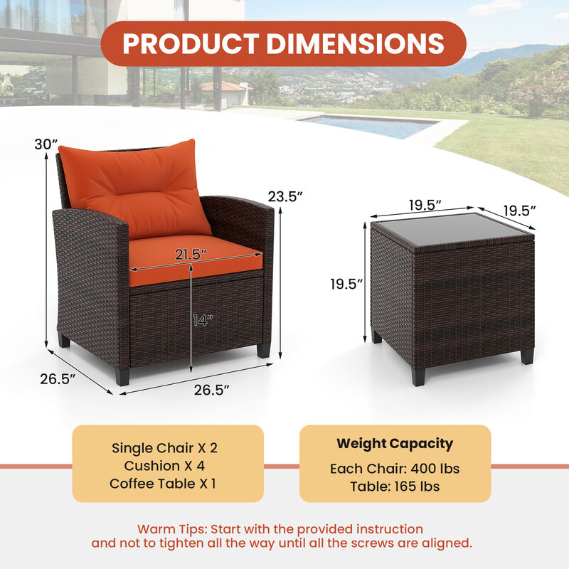 3 Pcs Patio Rattan Furniture Set Cushioned Conversation Set Coffee Table
