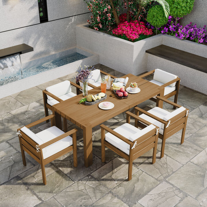 Whisen 7-Piece Outdoor Dining Set for 6 with Beige Fabric Cushions & 70.8" Rectangle Table - Light Teak