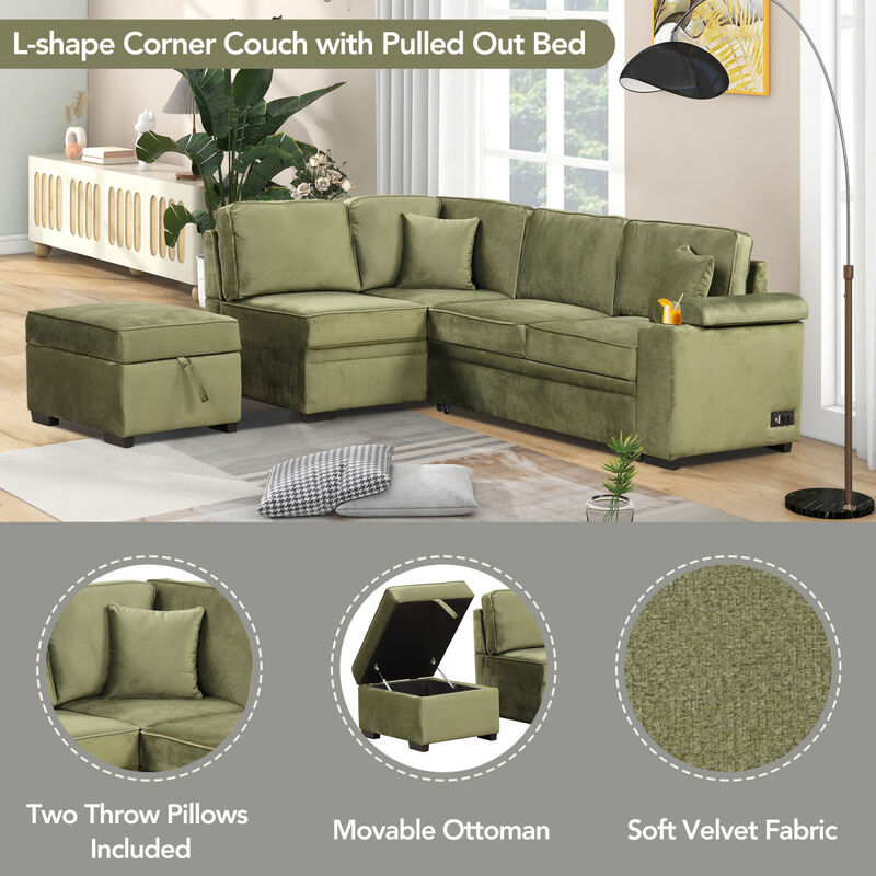 Convertible L-Shaped Sleeper Sofa with Storage Ottoman