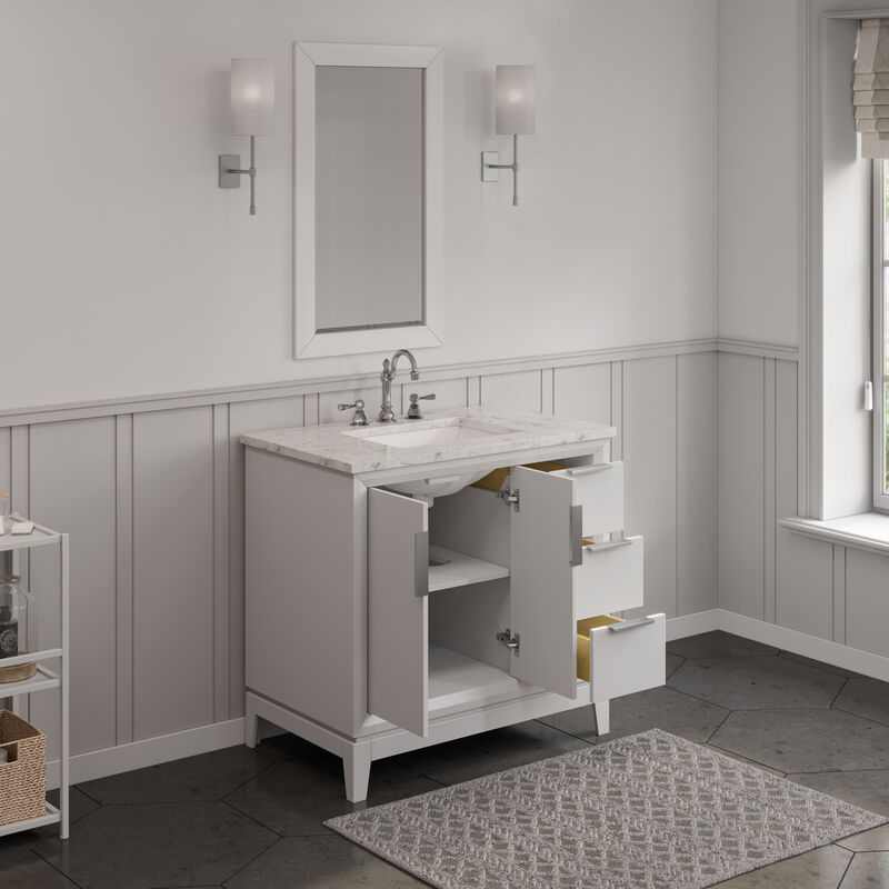 Elizabeth 36 In. Single Sink Carrara White Marble Countertop Bath Vanity In Pure White with Brushed Silver Hardware